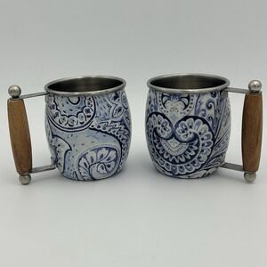 2- Blue Paisley Tin Mug Wood‎ Handle Chill Your Favorite Beverage Made in India